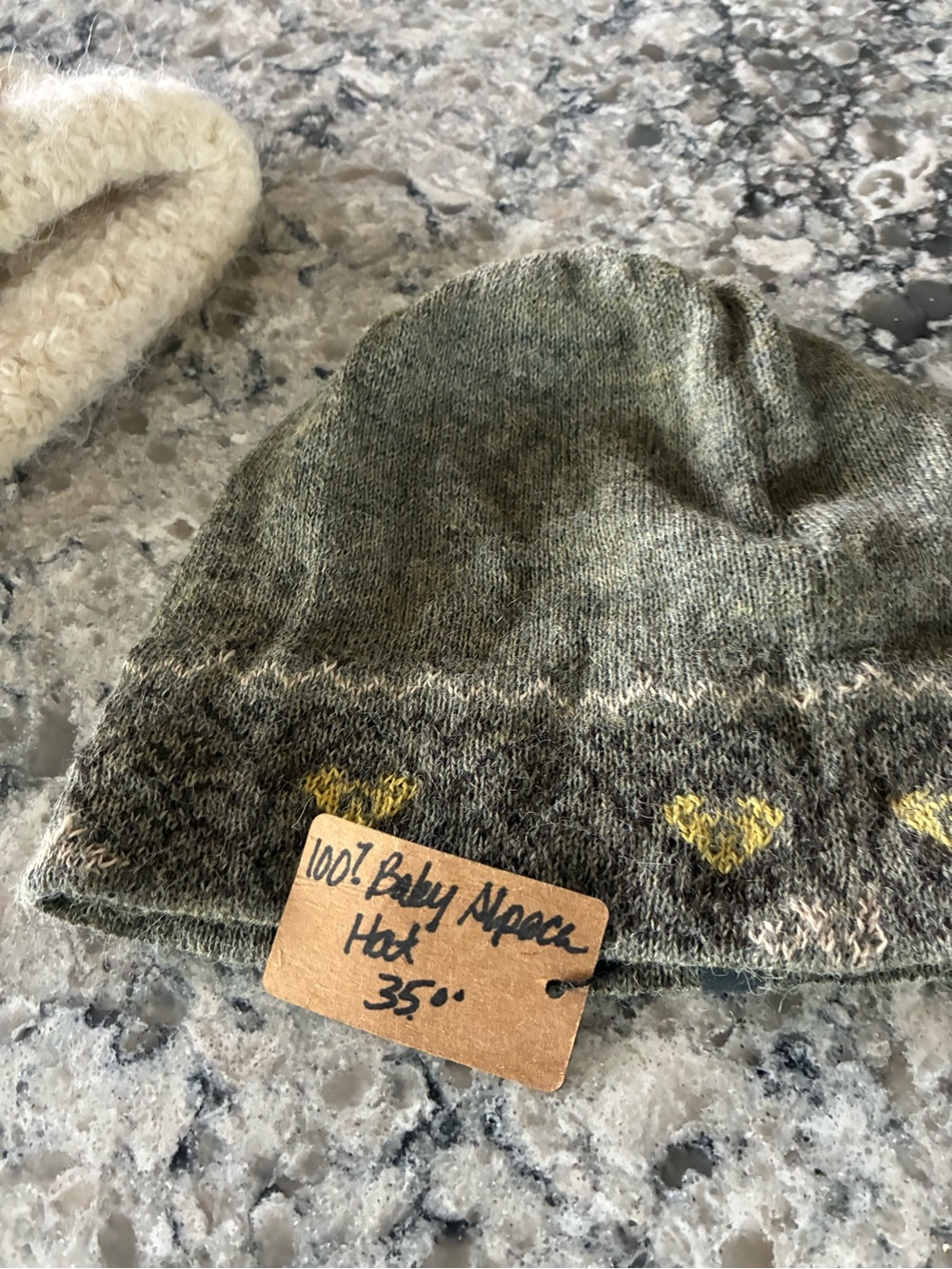 Green Knit Beanie with Yellow Heart Accents